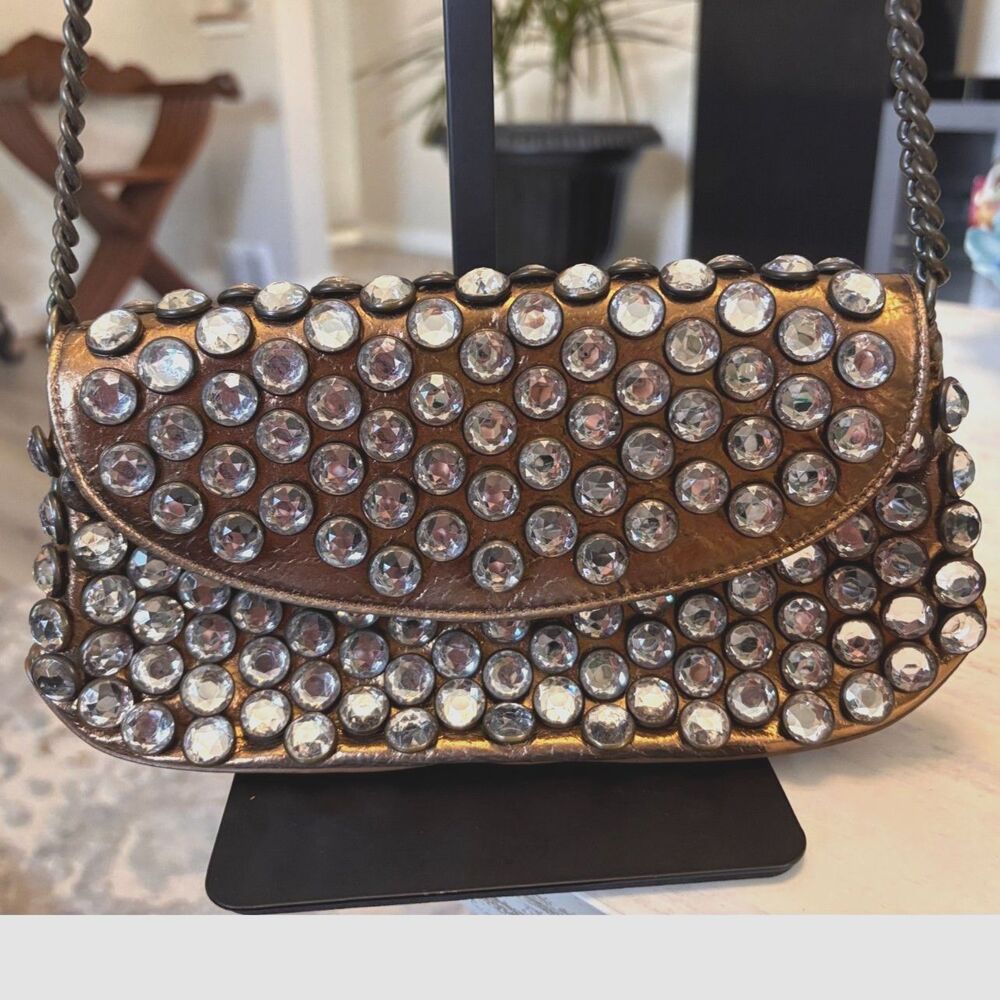 VTG Betsey Johnson Gold Shimmer Satin Flap Shoulder Purse w/ Clear Crystals